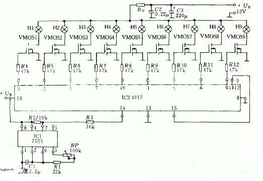 場(chǎng)效應(yīng)管驅(qū)動(dòng)的定時(shí)閃光電路圖